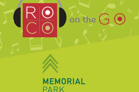 A green background with two logos; one red square with headphones that reads "ROCO" followed by "on the Go," and the second features three arrows in succession pointing upward and reads "Memorial Park Conservancy."