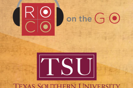 A gold background with two logos; one red square with headphones that reads "ROCO" followed by "on the Go," and the second is a text logo which reads "TSU: Texas Southern University."