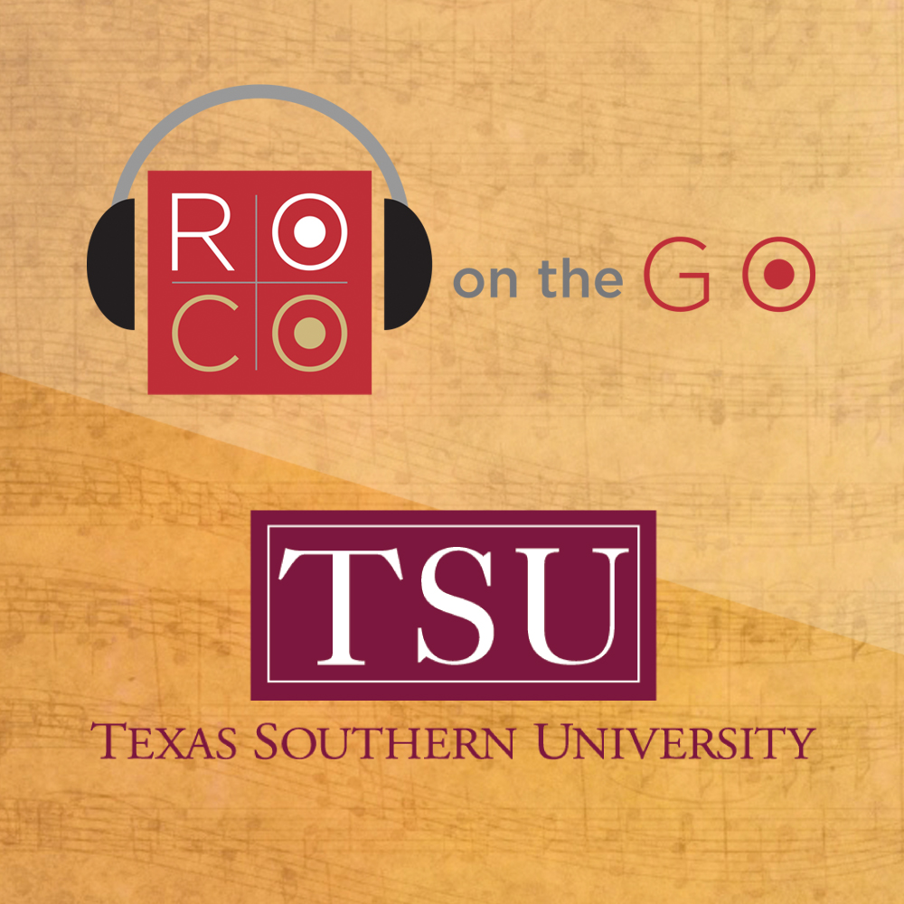 A gold background with two logos; one red square with headphones that reads "ROCO" followed by "on the Go," and the second is a text logo which reads "TSU: Texas Southern University."