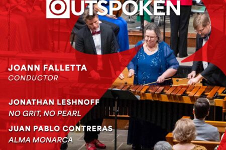 Christina Carroll, Matthew McClung, and Craig Hauschildt share a marimba with JoAnn Falletta conducting ROCO chamber orchestra