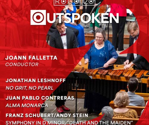 Christina Carroll, Matthew McClung, and Craig Hauschildt share a marimba with JoAnn Falletta conducting ROCO chamber orchestra