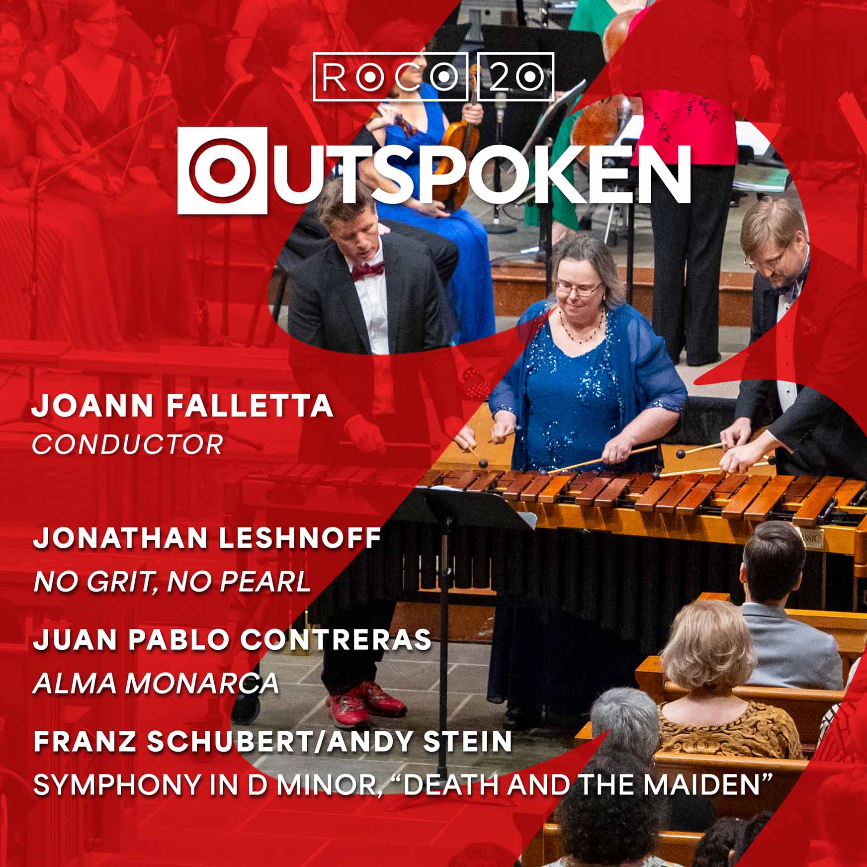 Christina Carroll, Matthew McClung, and Craig Hauschildt share a marimba with JoAnn Falletta conducting ROCO chamber orchestra