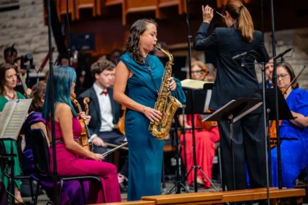 Composer-saxophonist Alison Shearer performs with ROCO during the season opener concert (Photo by Rolando Ramon)